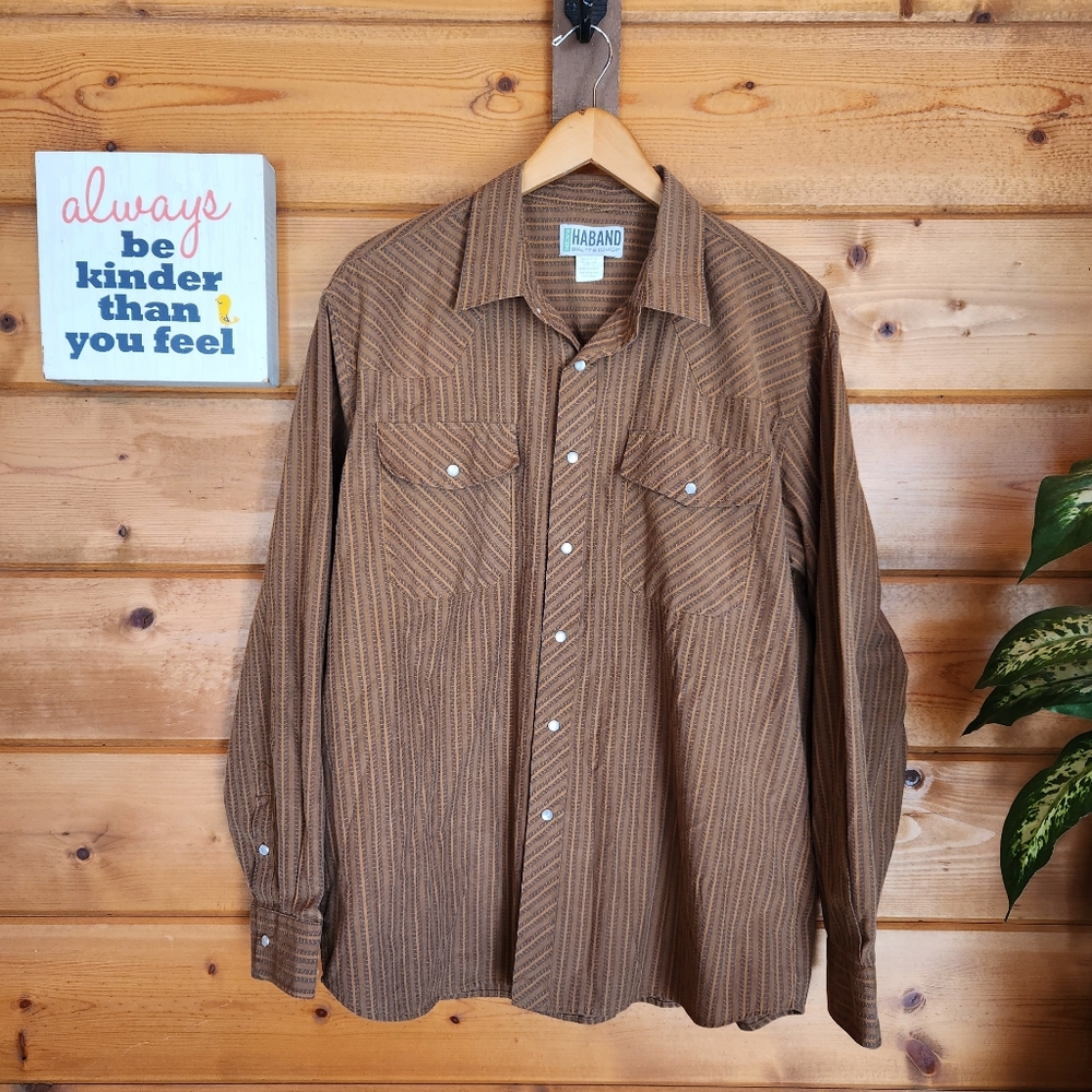 Haband 💙 Vintage 15Y Pearl‎ Snap Button Down Shirt Brown Pinstripe Western Sz L